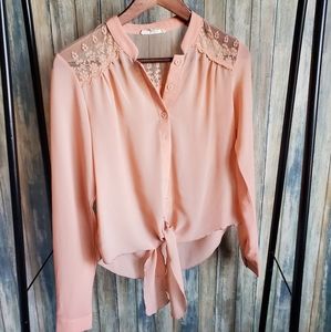 Long Sleeve Tie Waist Blouse with Crochet Detail